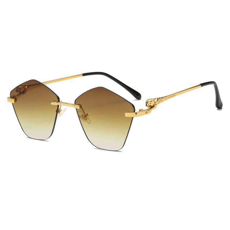 (6 PACK) Wholesale Sunglasses New Arrival Leopard Head Metal Polygon Colorful Women Trendy 2024 - BulkSunglassesWholesale.com - Gold Frame Gradient Tea