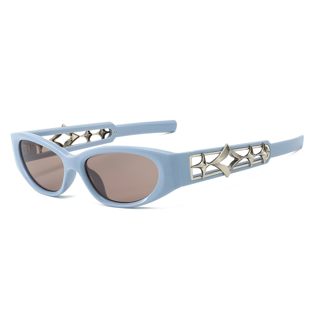 (6 PACK) Wholesale Sunglasses New Arrival Ninja Star Fashion Small Cat Eye Star Fashion 2024 - BulkSunglassesWholesale.com - Blue Frame Champagne Lens