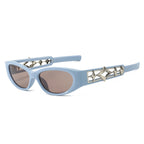 (6 PACK) Wholesale Sunglasses New Arrival Ninja Star Fashion Small Cat Eye Star Fashion 2024 - BulkSunglassesWholesale.com - Blue Frame Champagne Lens