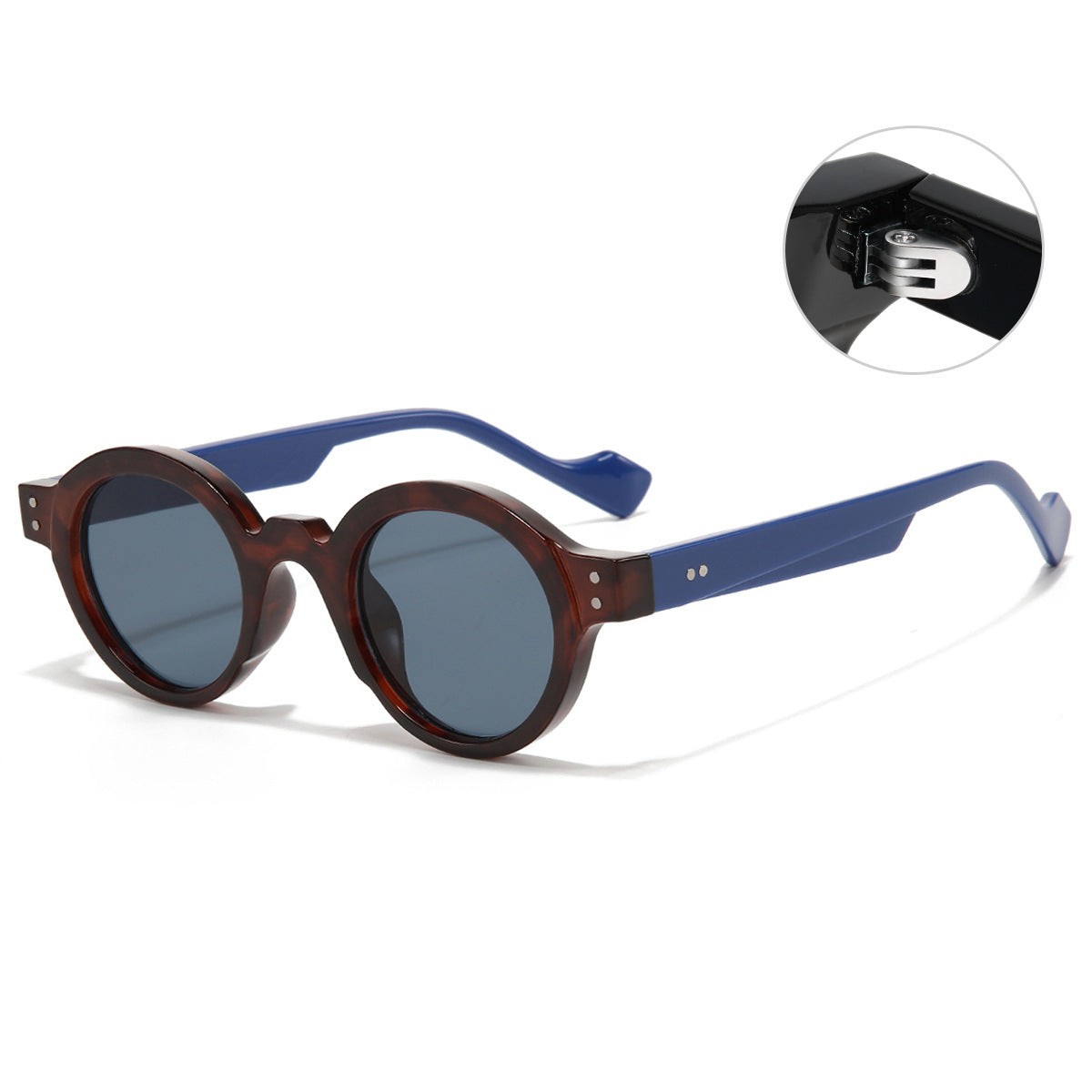 (6 PACK) Wholesale Sunglasses New Arrival Round Vintage Small 2023 - BulkSunglassesWholesale.com - Leopard Print Frame Blue Temple Black Grey