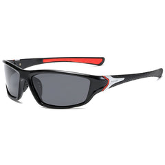 (12 PACK) Wholesale Sports Sunglasses 2023 - BulkSunglassesWholesale.com - Black Frame Red Temple Black Lens