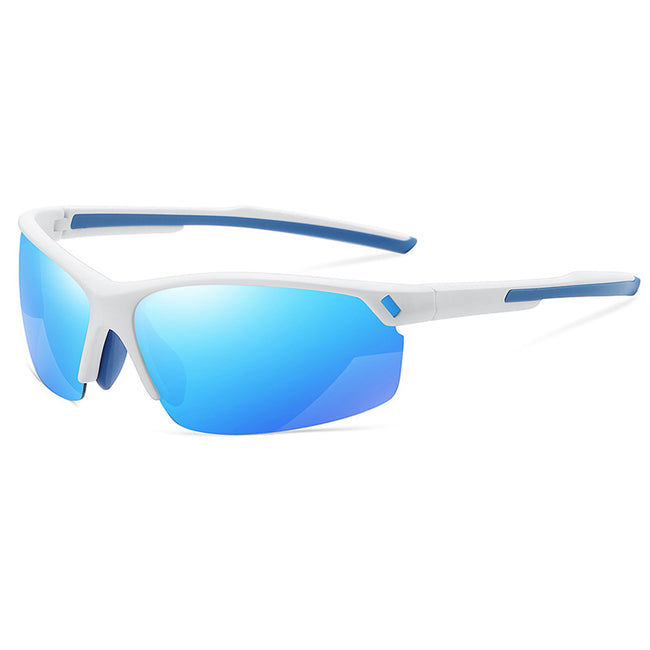 (6 PACK) Wholesale Sports Sunglasses 2023 - BulkSunglassesWholesale.com - White Frame Blue Lens Hover Image