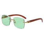(6 PACK) Wholesale Sunglasses Rimless Cut Edge Square Rhinestone Unique Fashion Wood Grain Street Trendy 2023 - BulkSunglassesWholesale.com - Green Lens