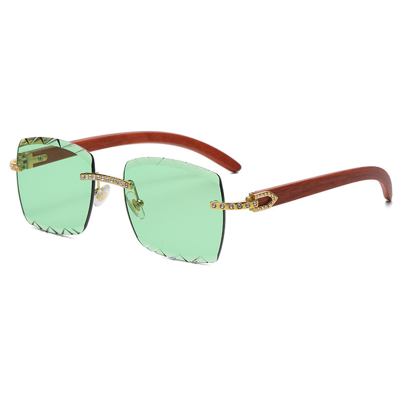 (6 PACK) Wholesale Sunglasses Rimless Cut Edge Square Rhinestone Unique Fashion Wood Grain Street Trendy 2023 - BulkSunglassesWholesale.com - Green Lens