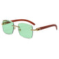(6 PACK) Wholesale Sunglasses Rimless Cut Edge Square Rhinestone Unique Fashion Wood Grain Street Trendy 2023 - BulkSunglassesWholesale.com - Green Lens