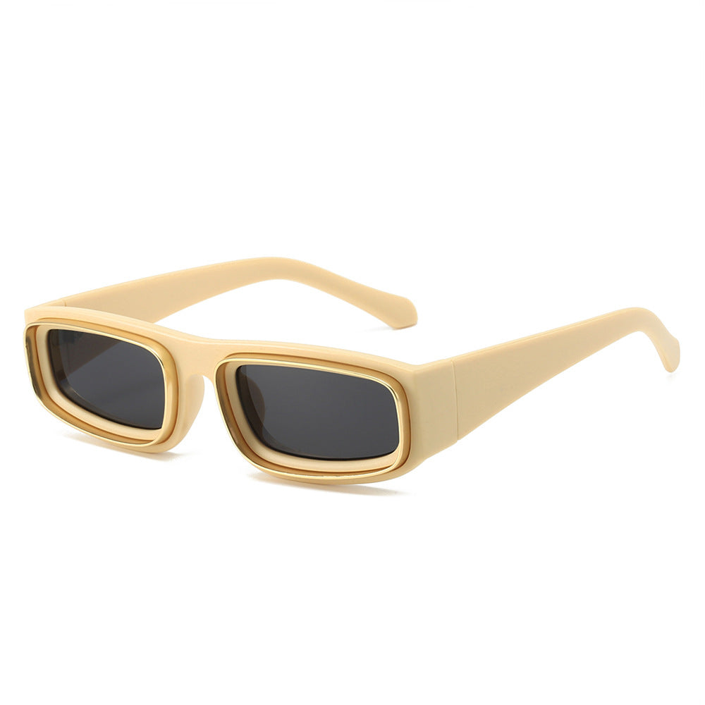 (6 PACK) Wholesale Sunglasses New Arrival Square Unique Metal Fashion 2024 - BulkSunglassesWholesale.com - Beige White Frame Black Lens