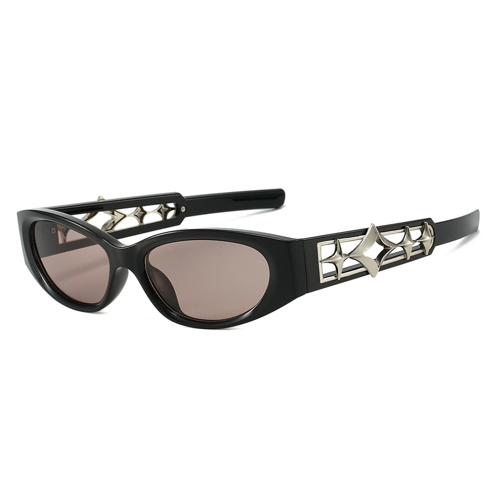 (6 PACK) Wholesale Sunglasses New Arrival Ninja Star Fashion Small Cat Eye Star Fashion 2024 - BulkSunglassesWholesale.com - Black Frame Tea Lens