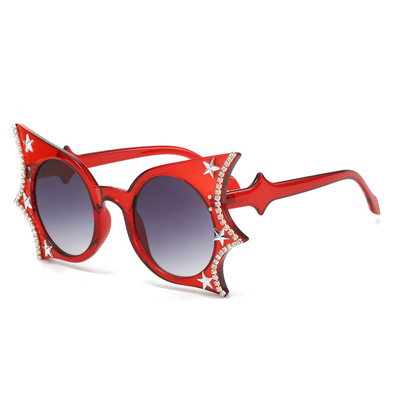 (6 PACK) Wholesale Sunglasses Unique Bat Butterfly New Arrival Rhinestone Fashion Women 2023 - BulkSunglassesWholesale.com - Red Frame Gradient Black Lens