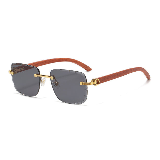 (6 PACK) Wholesale Sunglasses New Arrival Wood Grain Fashion Square Cut Edge Rimless Unique Street 2023 - BulkSunglassesWholesale.com - Black Grey Hover Image