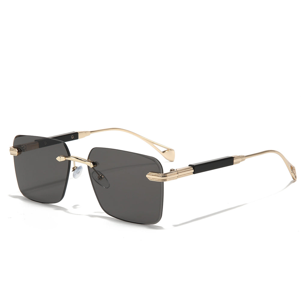(6 PACK) Wholesale Sunglasses Metal New Arrival Small Cut Edge Rimless Women Men Fashion 2023 - BulkSunglassesWholesale.com - Gold Frame Black Black Lens Gold