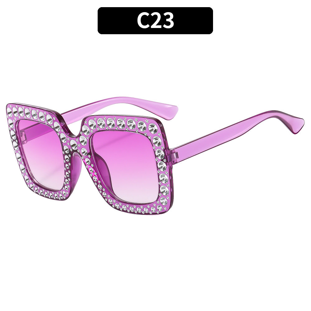 (6 PACK) Wholesale Sunglasses New Arrival Square Rhinestone Fashion Vintage Trendy 2023 - BulkSunglassesWholesale.com - Clear Purple Frame Gradient Purple Lens
