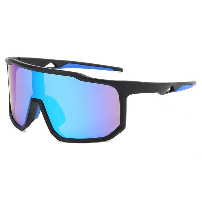 (12 PACK) Wholesale Sports Sunglasses Unisex Outdoor Sport Cycling Oversized New Arrival 2023 - BulkSunglassesWholesale.com - Black Frame Blue Mirrored Hover Image