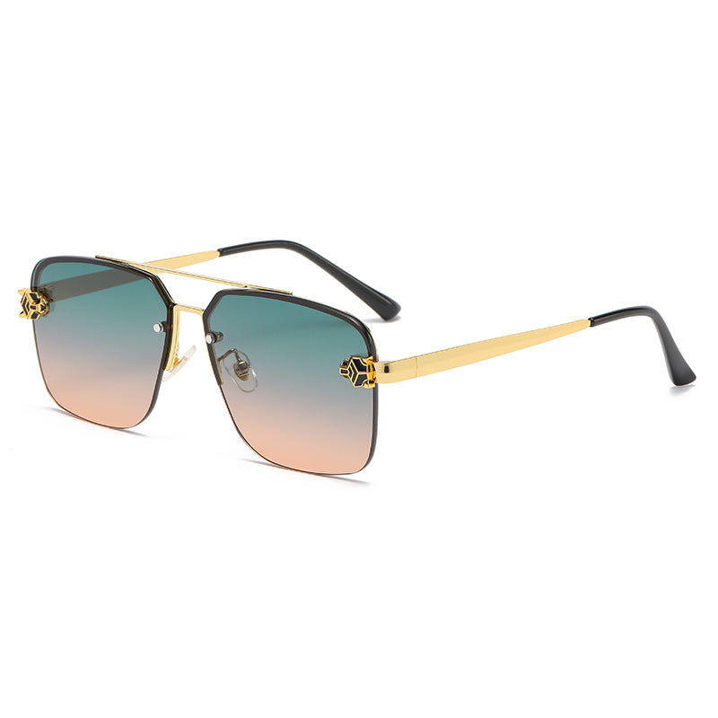 (6 PACK) Wholesale Sunglasses New Arrival Square Double Bridge Fashion Unisex Vintage Leopard Head Metal 2023 - BulkSunglassesWholesale.com - Gold Frame Green Orange