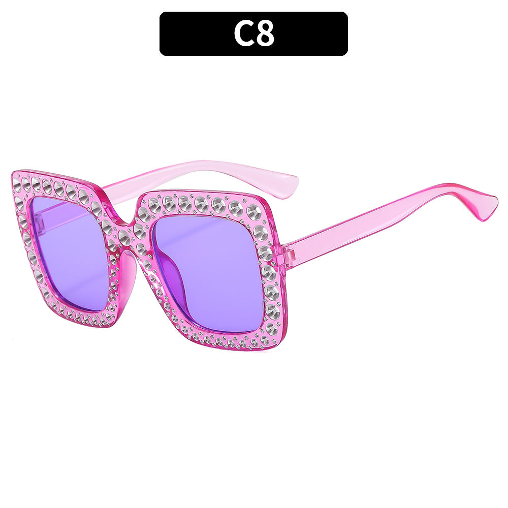 (6 PACK) Wholesale Sunglasses New Arrival Square Rhinestone Fashion Vintage Trendy 2023 - BulkSunglassesWholesale.com - Clear Purple Frame Purple Lens