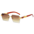 (6 PACK) Wholesale Sunglasses New Arrival Cut Edge Rimless Colorful Wood Grain Leopard Head Street Trendy 2024 - BulkSunglassesWholesale.com - Gradient Tea