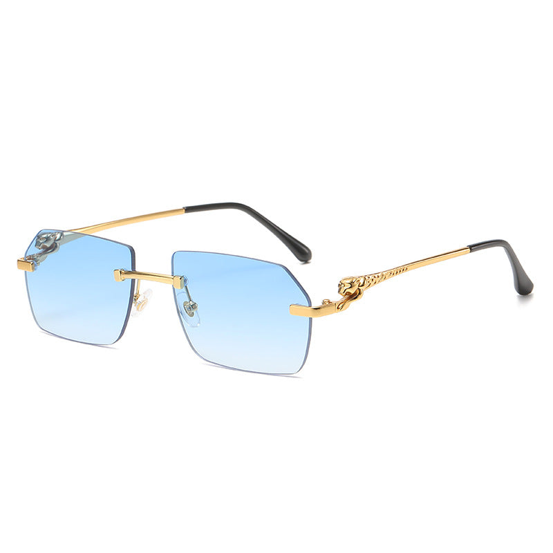 (6 PACK) Wholesale Sunglasses New Arrival Rimless Cut Edge Leopard Head 2024 - BulkSunglassesWholesale.com - Gold Frame Gradient Blue