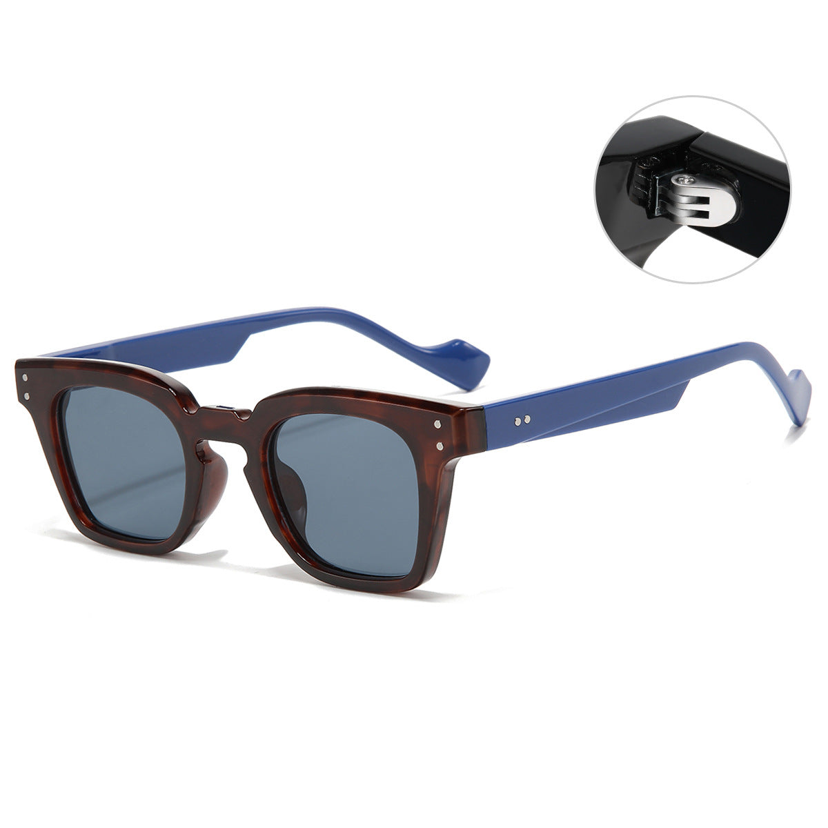 (6 PACK) Wholesale Sunglasses New Arrival Square Women Vintage Fashion Rivet 2023 - BulkSunglassesWholesale.com - Leopard Print Frame Blue Temple Black Grey