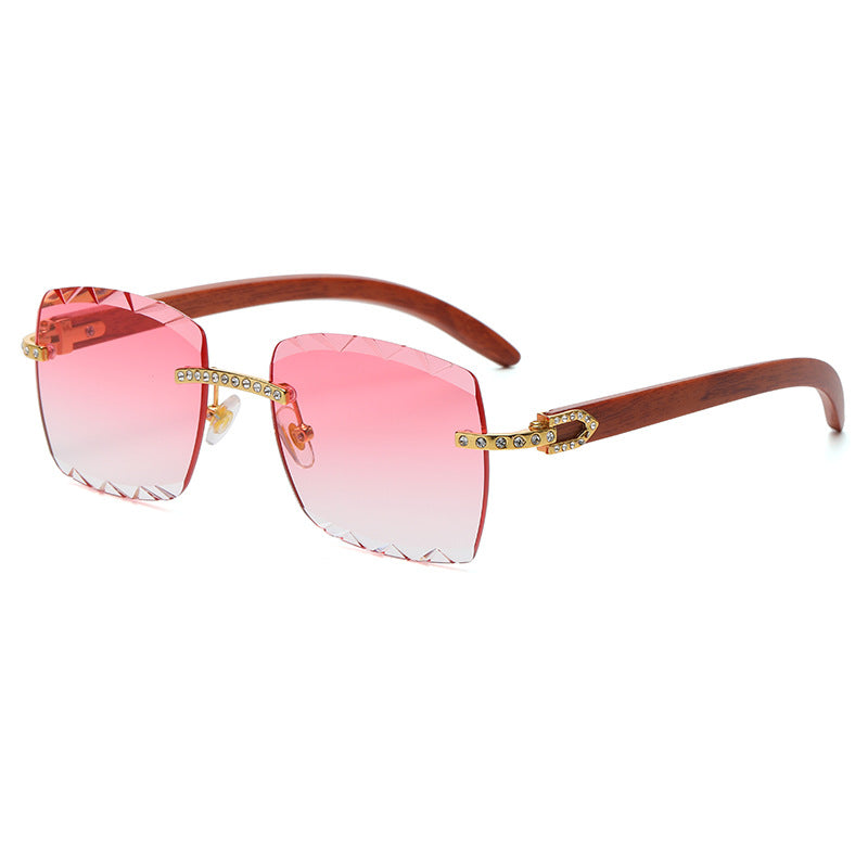 (6 PACK) Wholesale Sunglasses Rimless Cut Edge Square Rhinestone Unique Fashion Wood Grain Street Trendy 2023 - BulkSunglassesWholesale.com - Gradient Pink