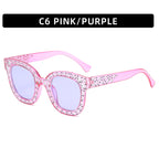 (6 PACK) Wholesale Sunglasses Fashion New Arrival Oversized Square Unique Rhinestone 2023 - BulkSunglassesWholesale.com - Purple Frame Purple Lens