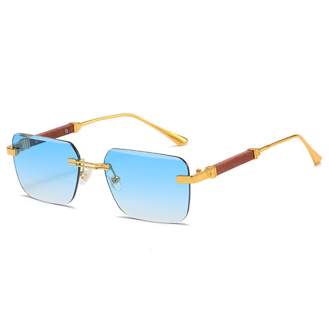 (6 PACK) Wholesale Sunglasses Cut Edge Fashion Rimless New Arrival Trendy Unisex 2023 - BulkSunglassesWholesale.com - Gold Frame Gradient Blue