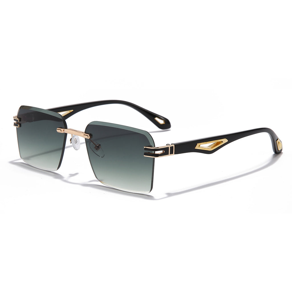 (6 PACK) Wholesale Sunglasses Rimless Fashion Cut Edge Square Women Hollow 2023 - BulkSunglassesWholesale.com - Gold Frame Gradient Green Lens Frame