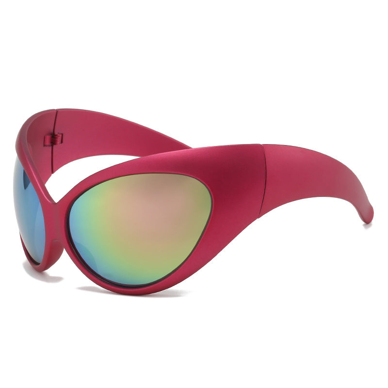 (6 PACK) Wholesale Sunglasses Unique Cat Eye Oversized Cycling Fashion Sport 2023 - BulkSunglassesWholesale.com - Red Frame Pink Mirrored
