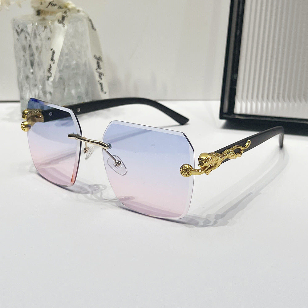 (6 PACK) Wholesale Sunglasses New Arrival Unique Vintage Rimless Wood Grain Square Women Gradient 2024 - BulkSunglassesWholesale.com - Gold Frame Blue Pink Lens