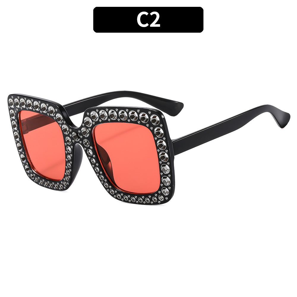 (6 PACK) Wholesale Sunglasses Fashion New Arrival Oversized Rhinestone Street Trendy 2023 - BulkSunglassesWholesale.com - Black Frame Red Lens