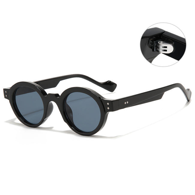 (6 PACK) Wholesale Sunglasses New Arrival Round Vintage Small 2023 - BulkSunglassesWholesale.com - Shiny Black Frame Black Grey Hover Image