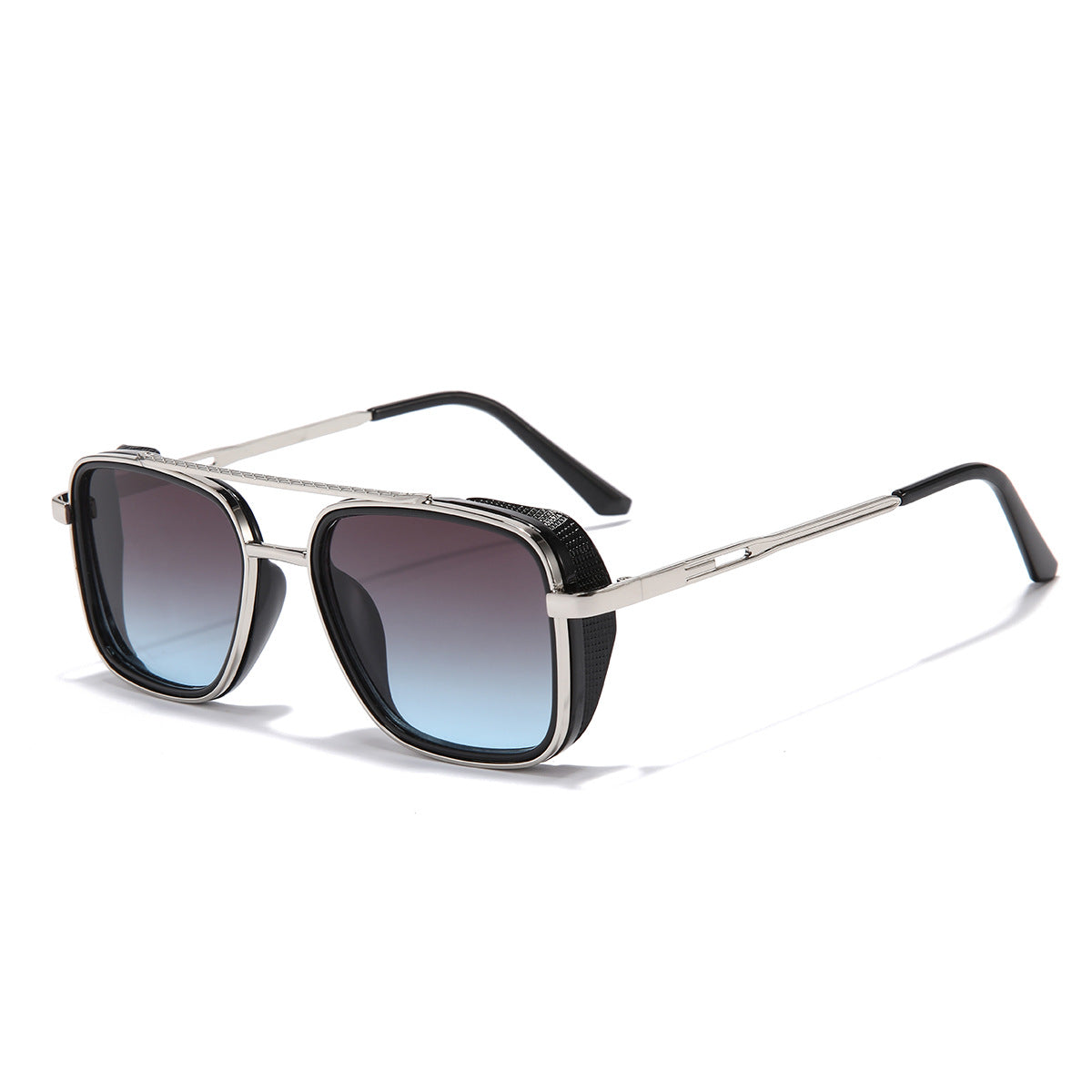 (6 PACK) Wholesale Sunglasses Vintage Metal Punk Double Bridge Aviator Women New Arrival 2023 - BulkSunglassesWholesale.com - Silver Frame Grey Blue Lens